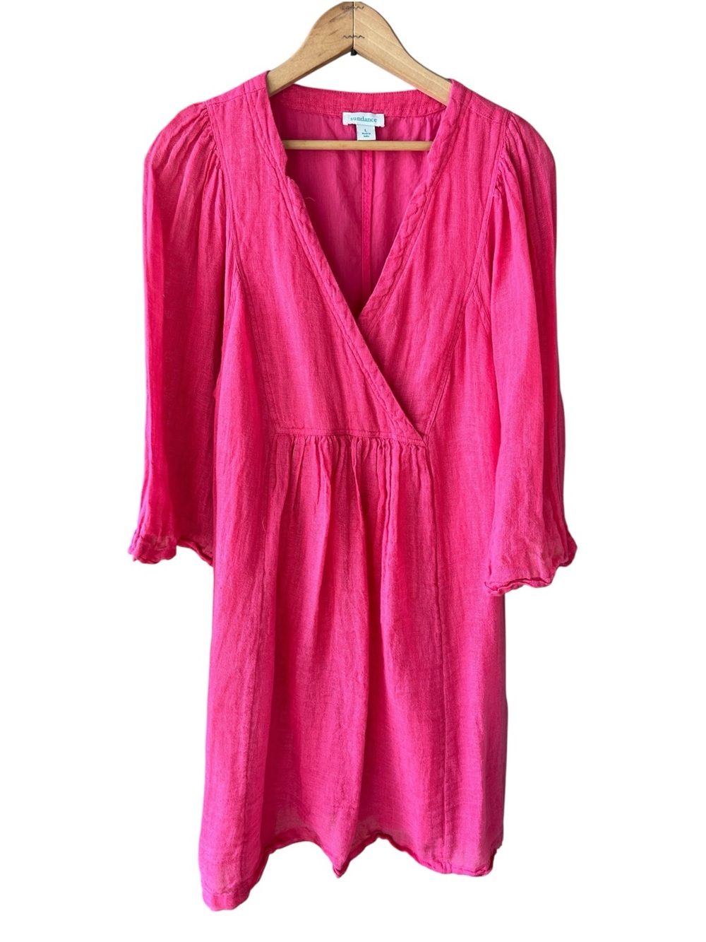 Sundance Linen Sz L Bubblegum Pink 3/4 Sleeve Surplice Bodice Midi Dress